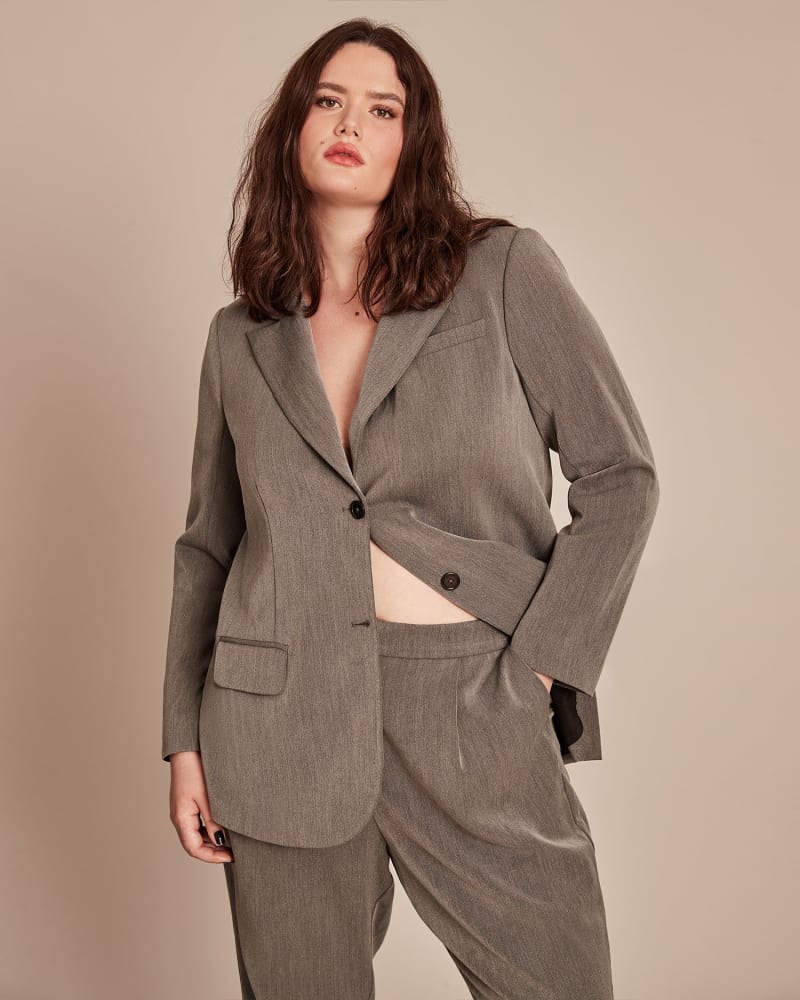 Front of a model wearing a size 12 Marquitta Blazer in Grey by 11 Honoré Collection. | dia_product_style_image_id:290576